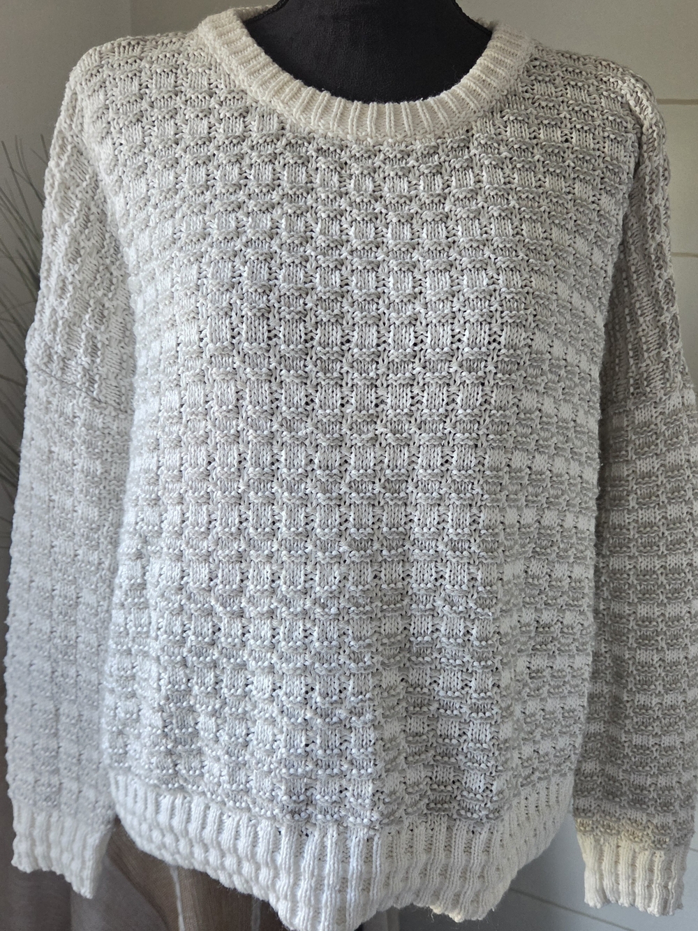 RAGA Cream Open Knit Chunky Textured Sweater L Boho Artisan Festival Long Sleeve